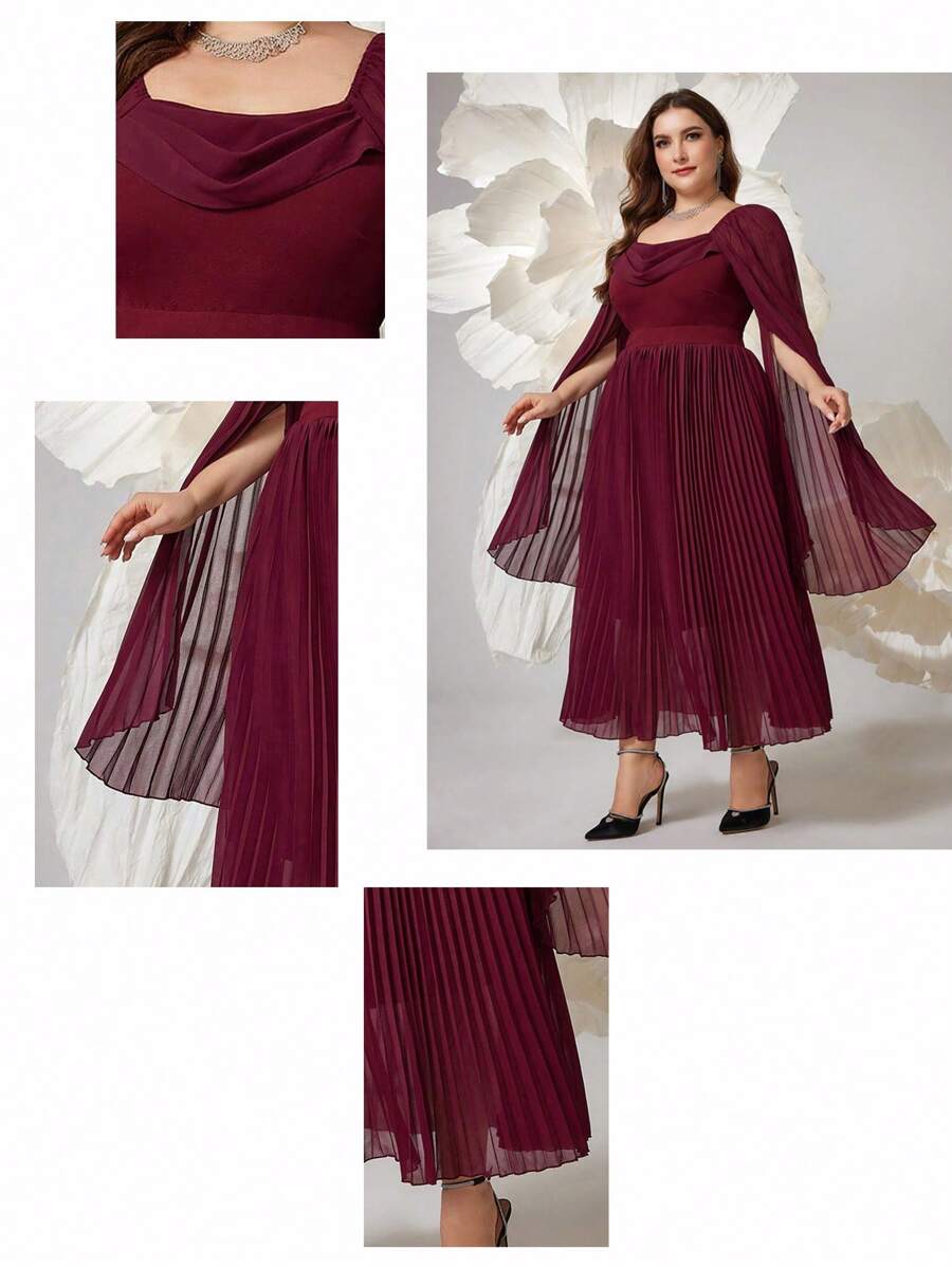 Modelyn Elegant Plus Size Pleated Poncho Sleeve Midi Dress