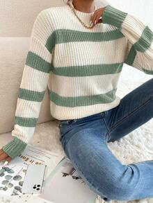 Chiquease 女士条纹高领落肩长袖休闲针织衫，秋冬针织套头衫 - 彩色 - 查看 7