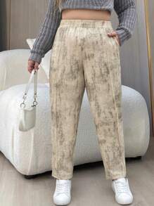 Flirla 大码休闲冰丝扎染松紧腰哈伦裤 - 綠色 - 查看 1