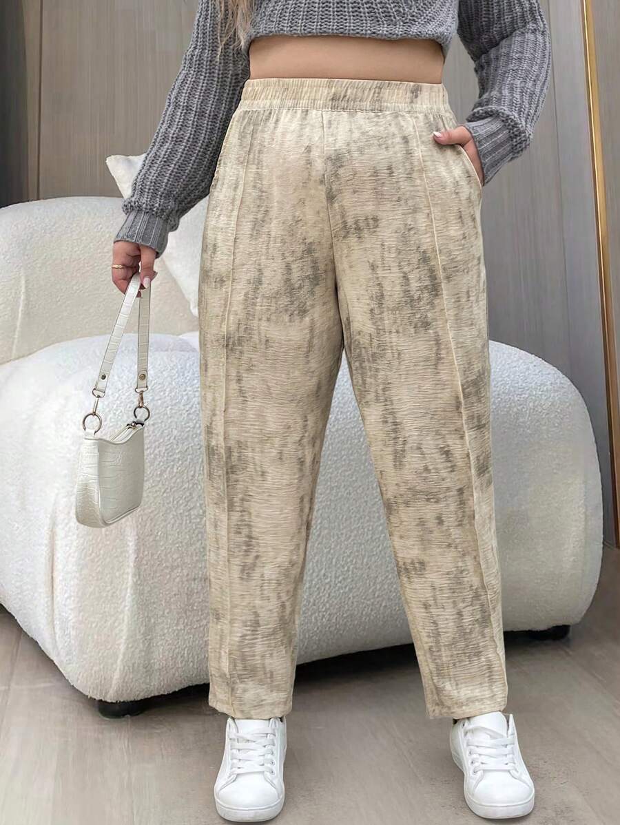 Flirla 大码休闲冰丝扎染松紧腰哈伦裤 - 綠色 - 查看 1