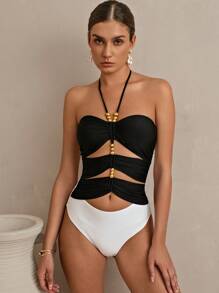 Swim Oasis Luxurious High-End Color Block Splice Halter One-Piece Swimsuit With Skirt Summer