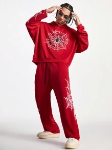 Manfinity VCAY Men's Loose Knit Long Sleeve Sweatshirt Set, For Fall Winter - Red - View 5