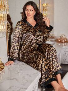 MuseNap CURVE Conjunto de pijama de pantalón y blusa de manga larga con estampado de leopardo y parches de satén, detalles cómodos y elegantes, ropa de otoño e invierno, talla grande - Multicolor - Ver 5