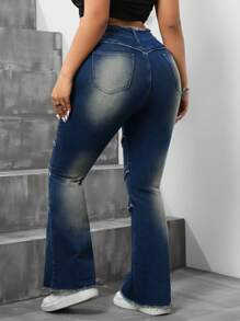 SHEIN ICON 大码休闲水洗复古磨边紧身喇叭牛仔裤 - 藍色 - 查看 2