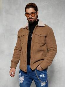 Manfinity Homme 男士休闲灯芯绒保暖内衬夹克，秋冬季外出保暖长袖卡其色拼色夹克，适合朋友、丈夫、男朋友的礼物 - 咖啡棕 - 查看 8