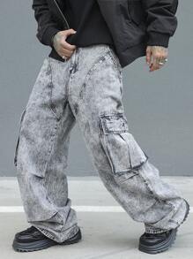 Manfinity EMRG Men's Simple Multiple Pockets Denim Jeans, Casual Everyday Wear - Light Grey - View 4