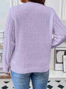 Vionelle Plus Size Solid Color Lace Patchwork Sweater, Casual Autumn/Winter Knit Pullover Fall - Purple - View 2