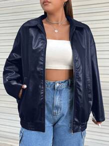 SHEIN EZwear 秋季大码女式纯色长袖 PU 皮革宽松休闲夹克