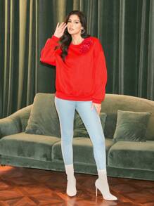 Zolique Elegant Solid Color Floral 3D Decor Sweatshirt, Autumn Christmas Sweatshirt Winter Outfits Thermal Winter Women Clothes Pullover Fall Outfit