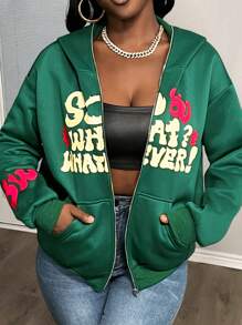 Slaydiva 2024 Autumn Winter New Fashion Casual Street Wear Sporty Classic Big Letter Slogan Women's Hooded Sweatshirt Jacket - Green - View 4