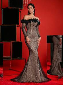 Glamrae 优雅红色露肩领口 3D 花卉胸罩杯骨腰收鱼尾连衣裙，适合婚礼、单身派对、度假、毕业典礼、舞会、非正式晚礼服、婚礼宾客礼服 - 黑色 - 查看 5