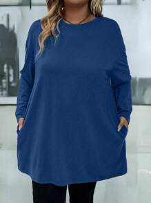 Camiseta casual de manga larga con cuello redondo y hombros caídos, de unicolor, para mujer de talla grande, otoño - Azul - Ver 3