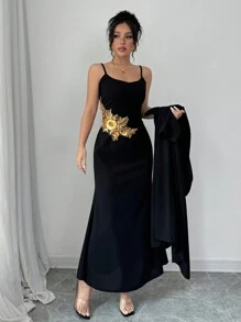 Modelyn Đầm đuôi cá bó sát in họa tiết lá vàng thanh lịch dành cho nữ 2 món - màu đen - Xem 5