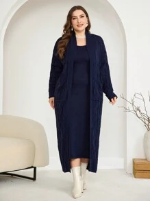 Modelyn Plus Size Solid Color Long Sleeve Cardigan & Sleeveless Dress Set, Minimalist Style, For Winter - Navy Blue - View 5