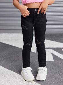 SHEIN 年轻女孩的黑色牛仔破洞弹力裤，酷炫服装/女孩感恩节服装，女孩秋冬服装