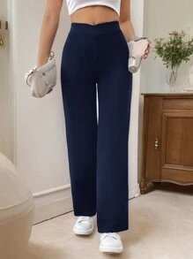 SHEIN Frenchy Women Casual Elegant Twist Waist Fitted Straight Leg Pants Winter Blue Spring - Navy Blue - View 5