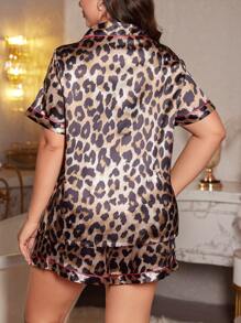 Ensemble pyjama femme grande taille avec Top à manches courtes et short imprimé léopard - Taupe - Voir 2