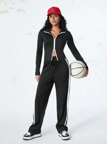 SHEIN Casual Women Zip Closure Contrast Color Jacket And Pants Suit Set - Black - View 4