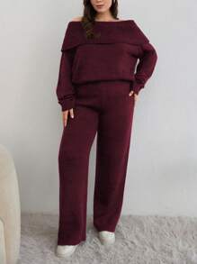 EURMUSE PLUS SIZE OFF SHOULDER SWEATER CO-ORDS - Burgundy - View 5