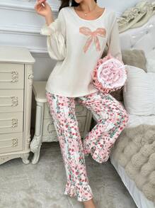 Set de ropa de dormir de 2 piezas con top y pantalones, con estampado floral y lazo de encaje de manga larga holgada