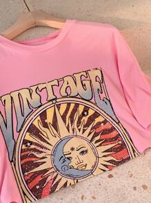 Comfortcana Sun & Letter Graphic Drop Shoulder Crop Tee - Pink - View 3