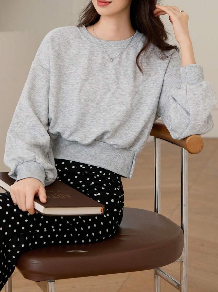 DAZY 1 pieza Sudadera holgada de cuello redondo de unicolor para mujer, de manga larga, casual para uso diario, ropa de otoño - Gris - Añade 8