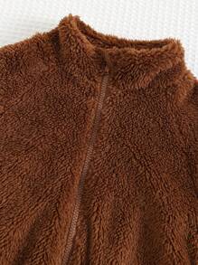 Cozy Pixies 2pcs Baby Boy Solid Thermal Lined Zipper Front Collared Jacket And Elastic Waist Fuzzy Pants Set, Casual Outfit Suitable For Autumn/Winter Indoor/Outdoor Wear