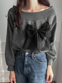 FRIFUL 1 件女士休闲露肩蝴蝶结装饰运动衫，秋冬 - 灰色 - 查看 4
