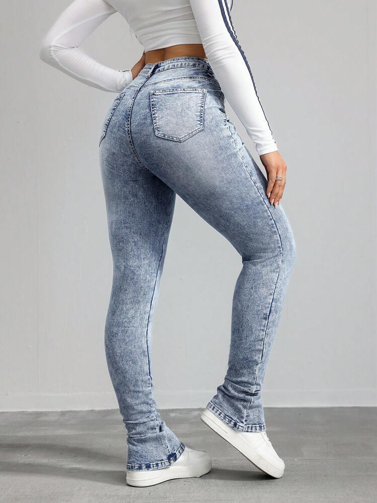 SHEIN Tall Jeans da donna sexy aderenti ed elastici con gamba a zampa, pantaloni a vita bassa blu donna a zampa di elefante, leggins a zampa di elefante in denim, pantaloni a zampa di donna alta, collant a zampa di donna alta, jeans impilati da donna - Lavaggio chiaro - Visualizzare 3