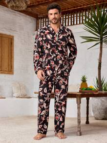 Manfinity ChillVibe Bộ đồ nam 2 món/bộ cài nút phía trước dài tay in họa tiết tối giản thường ngày mặc ở nhà và quần - màu đen - Xem 6