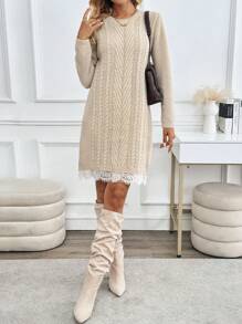 SHEIN Clasi Vestido/suéter de cuello redondo de punto trenzado estilo vintage para otoño/invierno, con panel de encaje y adorno de pelusa, vestido de cuello alto de longitud media, adecuado para salidas casuales, fiestas y compras