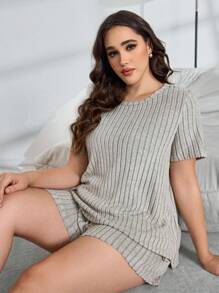 2 件大码纯色罗纹圆领短袖上衣和松紧腰短裤套装 - 彩色 - 查看 1