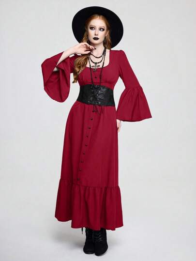 Goth Women's U-Neck Solid Color Flare Sleeve Long Elegant Dress