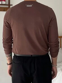 DAZY 男士休闲标语印花长袖 T 恤，秋季 - 棕色 - 查看 2