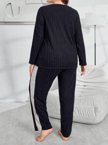 SHEIN 2-teiliges Set in Große Größen, personalisierter Farbspleiß, gebürsteter Fleece Trainingsanzug, Herbst-Winter Kleidung, gemütlicher Outfit, flauschiger Schlafanzug - Schwarz - Übersicht 2