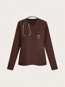 TaskEZ 1 套纯色 V 领长袖上衣和裤子制服手术服套装