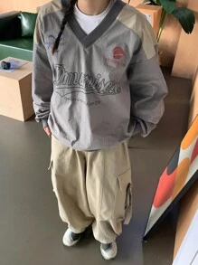 DAZY 女士撞色字母印花宽松套头衫，春夏秋季长袖女装上衣图案T恤 - 灰色 - 查看 4