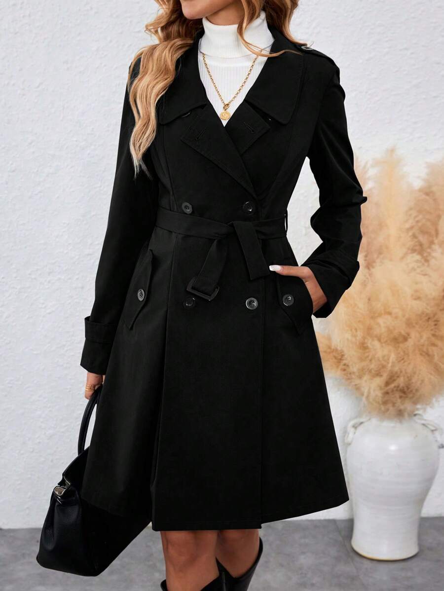 EMERY ROSE 中长款女士立领扣收腰灰色风衣 - 黑色 - 查看 1