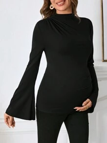 SHEIN Áo thun bà bầu cổ đứng tay loe màu nâu, áo thun bà bầu dáng ôm cho mùa thu - màu đen - Xem 4