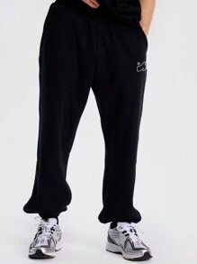 Musero 男士阔腿束口品牌贴布印花运动裤/慢跑裤/运动套装下装（仅限春夏款） - 黑色 - 查看 2