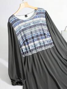 Al Najma Plus Size Vintage Geometric Print Patchwork Casual Dress, Autumn - Dark Grey - View 8