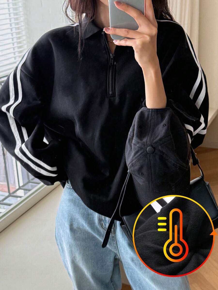 DAZY 女式马球领半襟休闲运动风格撞色拼接宽松运动衫 - 黑色 - 查看 1