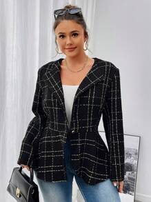 SHEIN Privé Áo khoác kẻ caro dày họa tiết cỡ lớn cho nữ, hàng mới về cho mùa thu/đông - màu đen - Xem 1