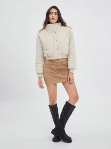 SHEIN EZwear 女式纯色前扣长袖防风外套，秋冬 - 杏色 - 查看 3