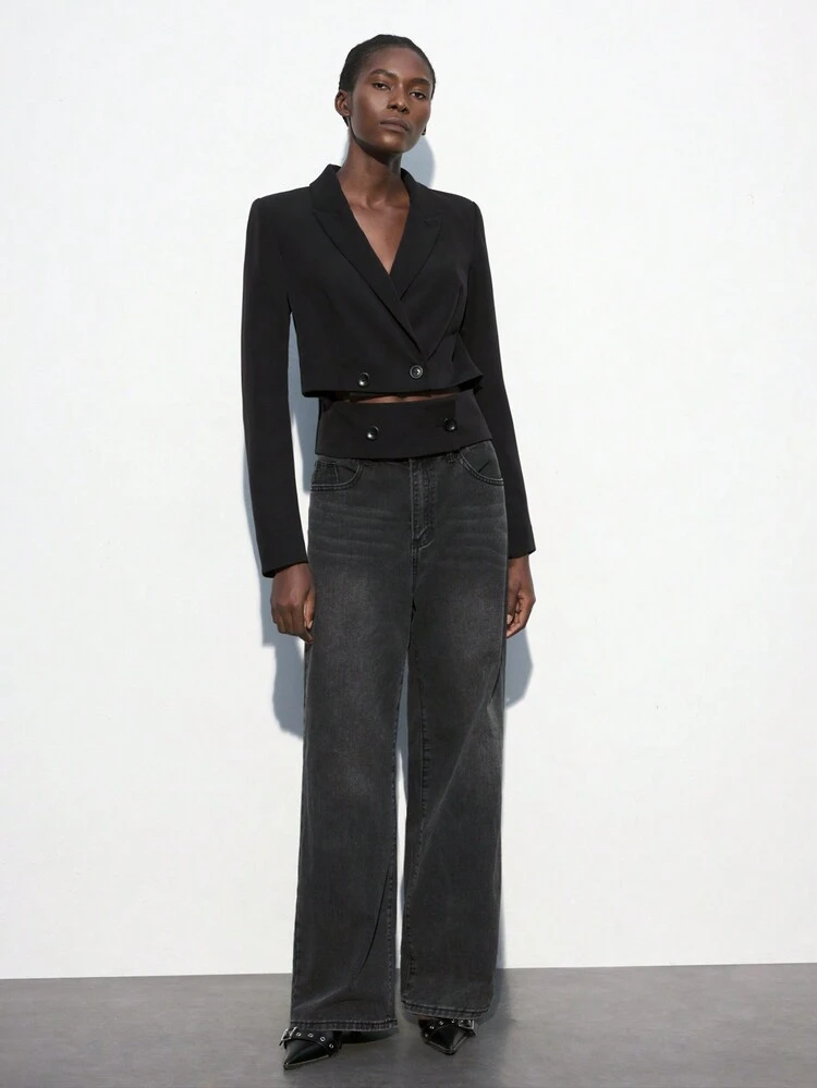 SHEIN Maija 冬 ブラック コミューター スタイリッシュ アーバン 半袖スーツジャケット フロントボタン ウエスト マルチファンクション スプライス