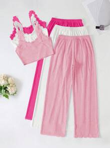 SHEIN 3 Sets Women Solid Color Contrast Lace Cami Top & Pants Sleepwear Set Lounge Set - Multicolor - View 2