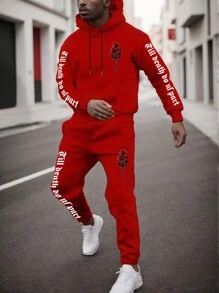 Manfinity Homme 2pcs Men Casual Daily Letter & Floral Print Hoodie And Drawstring Sweatpants Set, Autumn - Red - View 1