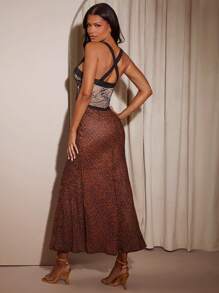 Hauture Contrast Color Lace Patchwork Leopard Print Backless Sleeveless Dress - Multicolor - View 2
