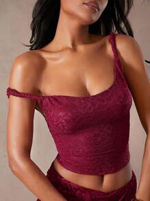 Hauture Solid Color Asymmetric Collar Lace Sexy Sleeveless Top - Burgundy - View 7