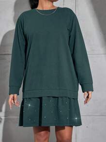 RueChic Plus Size Solid Color Round Neck Long Sleeve Minimalist Short Casual Dress - Army Green - View 3